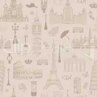 Travel seamless pattern. Europe Vacation wallpaper. Landmark sign