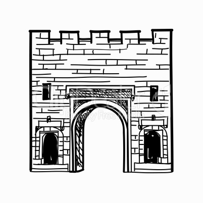 Arch gates in fortress wall. Castle Doorway Retro architectural sign