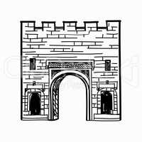 Arch gates in fortress wall. Castle Doorway Retro architectural sign