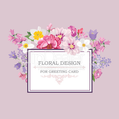 Floral frame Summer greeting card. Flower bouquet background