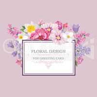Floral frame Summer greeting card. Flower bouquet background