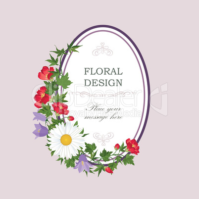 Floral frame Summer greeting card. Flower bouquet background