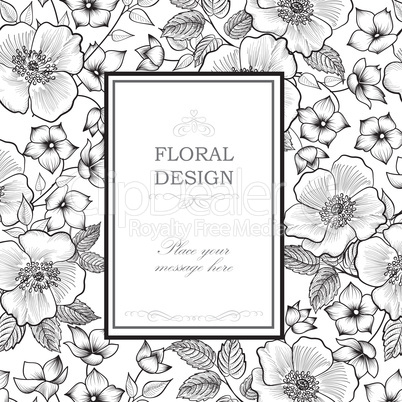 Floral frame greeting card. Flower bouquet engraved background