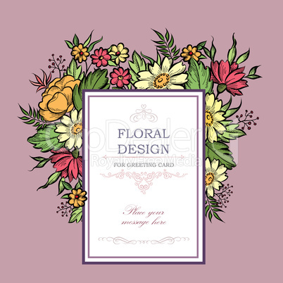 Floral background. Flower bouquet cover. Flourish greeting card