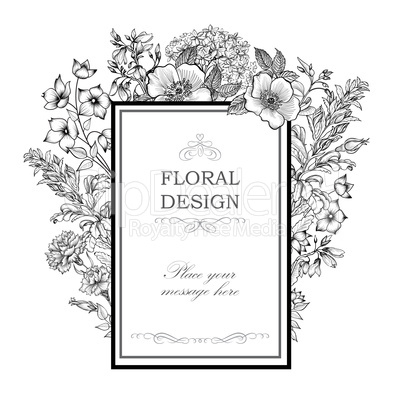 Floral background. Flower bouquet cover. Flourish greeting card