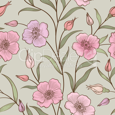 Floral engraved seamless pattern. Flower garden background