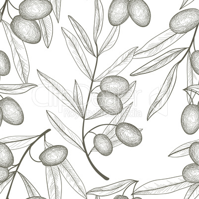 Olives seamless pattern. Engraving olive branch background.