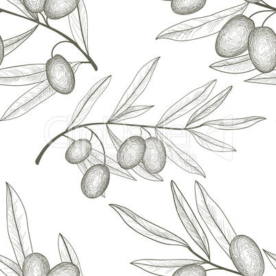 Olives seamless pattern. Engraving olive branch background.