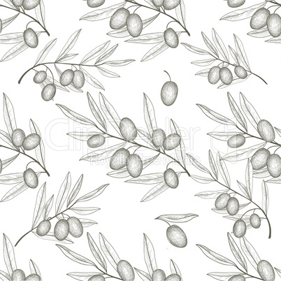 Olives seamless pattern. Engraving olive branch background.