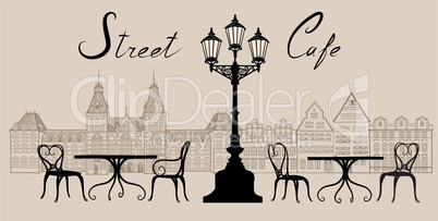 Street cafe in old city. Cityscape view. Travel Europe background.
