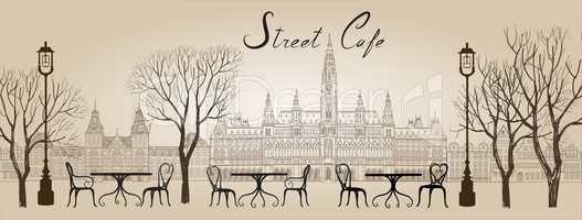 Street cafe in old city. Cityscape view. Travel Europe background.