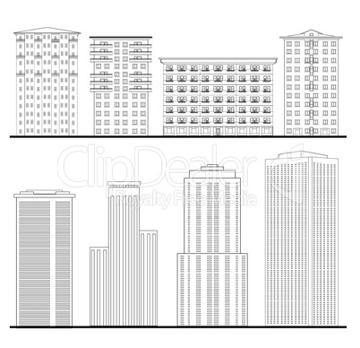 City buildings set. Outline blueprint. skyscraper building facade.