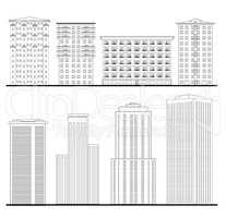 City buildings set. Outline blueprint. skyscraper building facade.