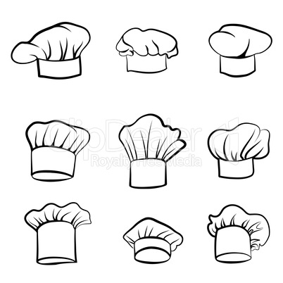 Cook hat. Drawn hat chef cook. Hat chef-cooker set. Cuisine signs