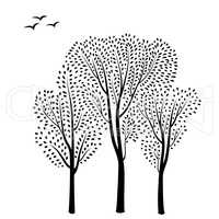 Nature background. Trees and birds silhouette card. Autumn forest.