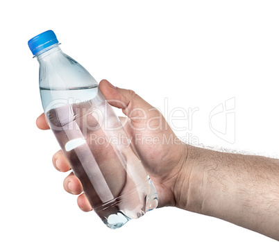 Closed plastic water bottle in hand