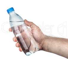 Closed plastic water bottle in hand