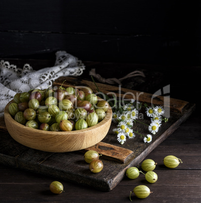 wooden bowl with green gooseberries