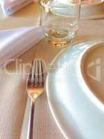 Linen tablecloth, ready to serve with fork, glass, plate and napkin.