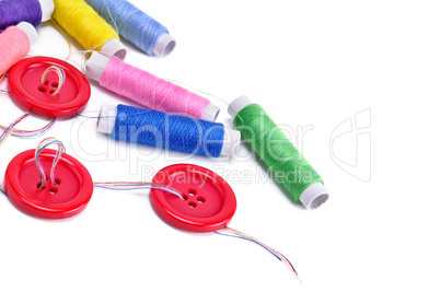 Sewing thread and buttons isolated on white background. Free spa