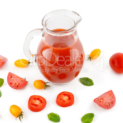 Fresh tomato juice isolated on white background. Flat lay,top vi