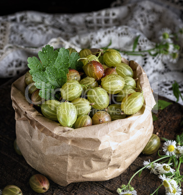 green gooseberries in a paper bag on a wooden board