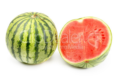 Ripe round watermelon and half berry isolated on white backgroun