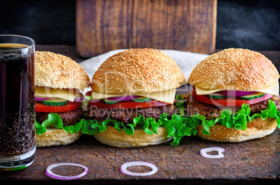 hamburger with beef, onion, tomato, lettuce, cheese and spices