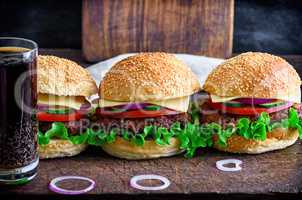 hamburger with beef, onion, tomato, lettuce, cheese and spices