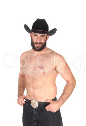 Shirtless man with a cowboy hat, looking at the camera