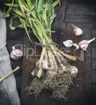 young garlic on a brown wooden board