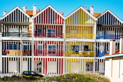 Colorful striped house facades in Portugal