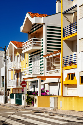 Colorful striped house facades in Portugal