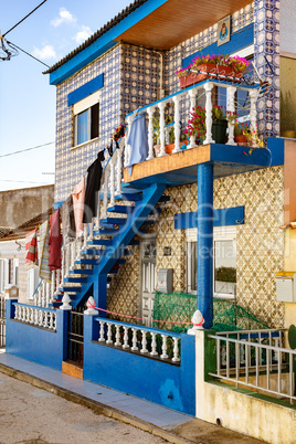 Colorful striped house facades in Portugal