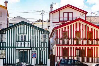 Colorful striped house facades in Portugal