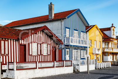 Colorful striped house facades in Portugal