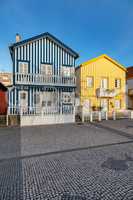 Colorful striped house facades in Portugal