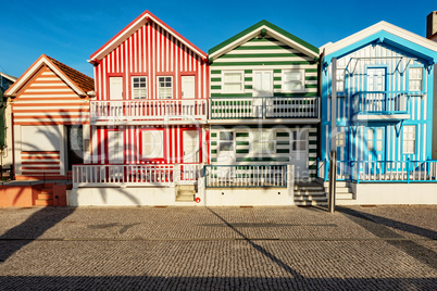 Colorful striped house facades in Portugal