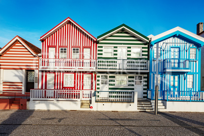 Colorful striped house facades in Portugal