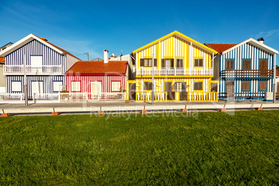 Colorful striped house facades in Portugal