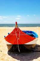 Fishing boat on the beach of Nazare in Portugal