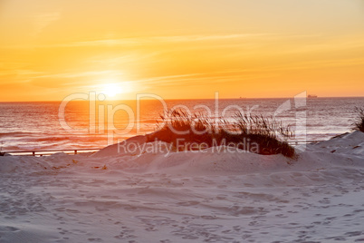 Sunset on the sandy beach with dunes