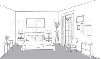 Bedroom furniture. Interior outline sketch. Vintage style bed ro
