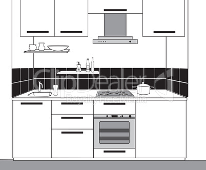 Interior sketch of kitchen room. Outline blueprint design of kit