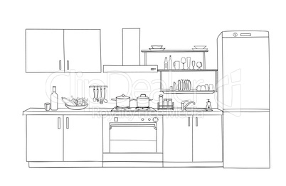 Interior sketch of kitchen room. Outline blueprint furniture design