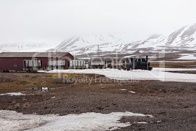 Old train and hut in Ny Alesund, Svalbard islands