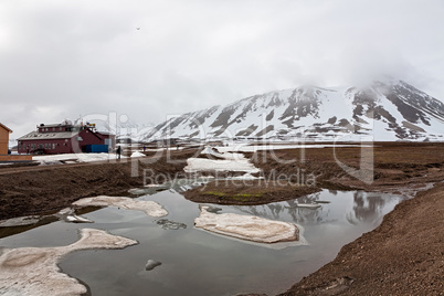 Snowy mountains and meteorological station in Ny Alesund, Svalba