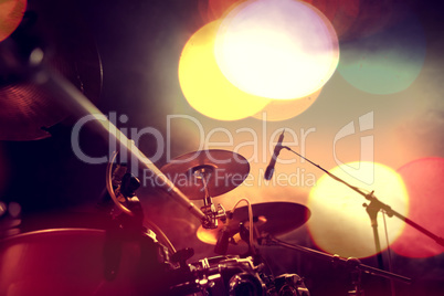 Musical background.Drumkit on stage lights performance