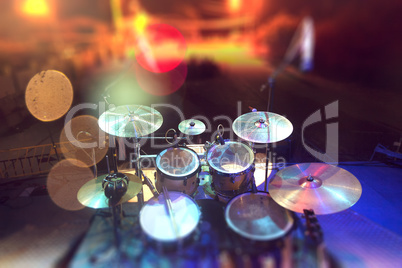 Musical background.Drumkit on stage lights performance