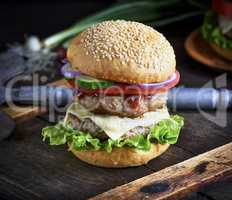 cheeseburger in a bun with sesame seeds, in the middle fresh veg